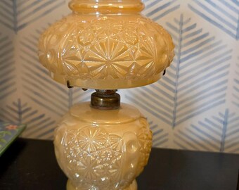 Antique Daisy & Button 8" Irredescent Milk Glass Floral Embossed Oil Lamp