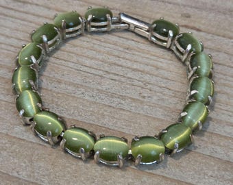 Avon Vintage Silber Ton Olive Grün Mondstein Tennis Armband