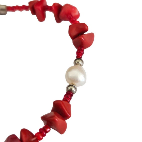 Red Coral & Freshwater Pearl Beaded Bracelet - image 3