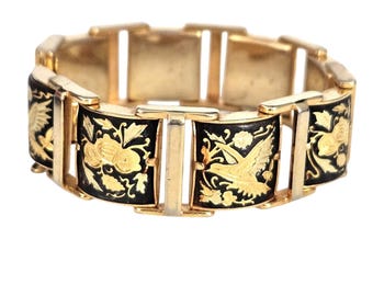 Damaszener Vintage Gold Ton & Black Bird Flower Inlay Link 6 "Armband
