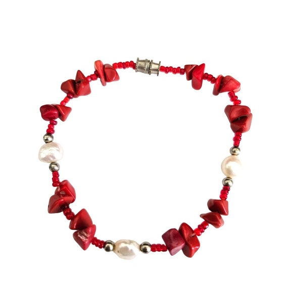 Red Coral & Freshwater Pearl Beaded Bracelet - image 1