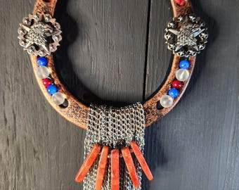 Red Coral Stone Patriotic LUCKY Horseshoe