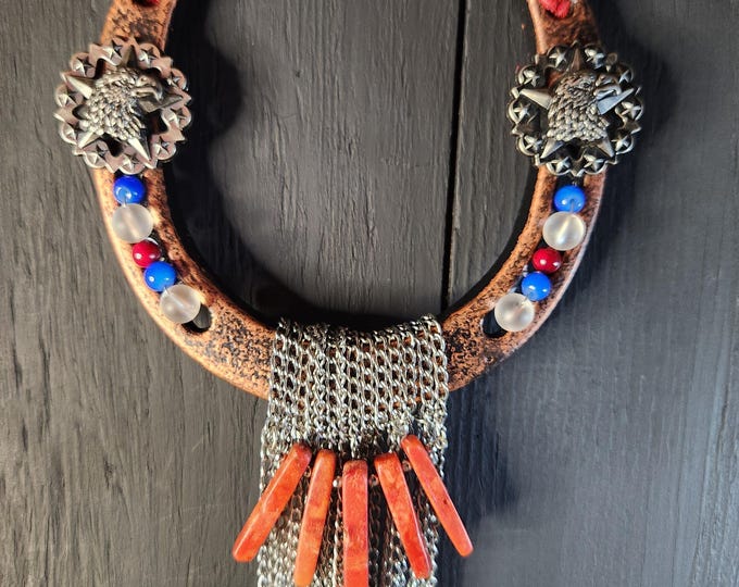 Red Coral Stone Patriotic LUCKY Horseshoe