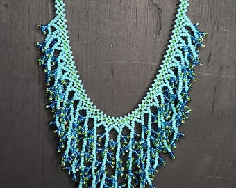 BLUE Cascade Roots beaded Necklace and Earring set