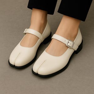 White Split Toe Tabi Mary Jane Shoes with Buckle Retro Block Heel Comfortable Fashion Footwear for Women