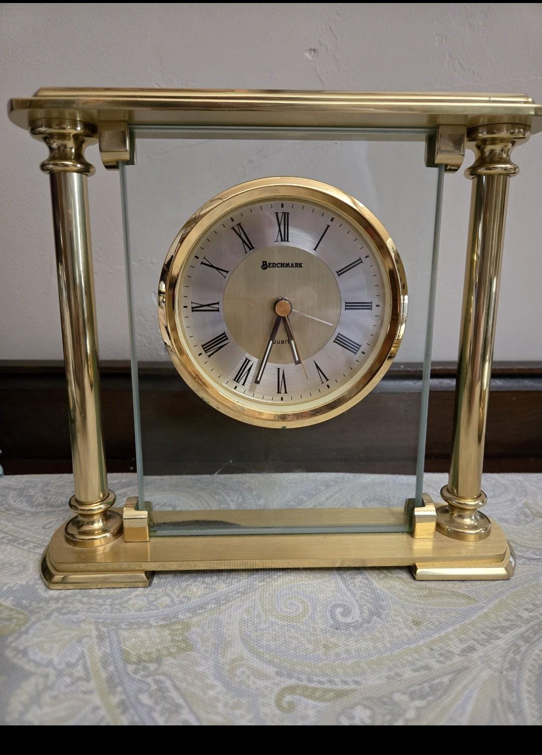 Vintage Benchmark Brass Crystal Quartz Desk Mantle Clock