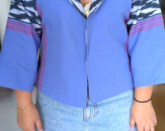 Handgewebter Damen Bolero mit Blau-Ikat-Muster | Kordilleren | Ethnische Kleidung | Philippinen Textil