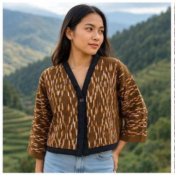 Handmade Ifugao-Inspired Ikat Bolero jacket , Earthy Tones, Traditional Filipino Weaving, Open Front Lightweight Jacket, Cultural Fashion