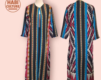 Ikat Print Langer Mantel - Größe S | Traditionelles Muster | Offene Front Kaftan Style