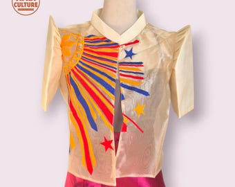 Bolero de organza filipina con bordado de sol y estrellas / Bolero Barong moderno / Top inspirado en María Clara / Diseño de bandera filipina