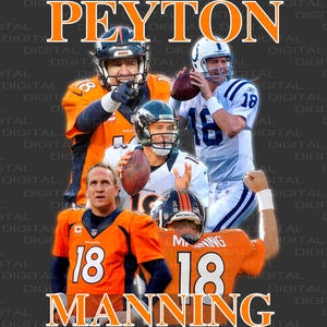 May include: A collage of four photos of Peyton Manning wearing different football jerseys. The photos are arranged in a square with the name "Peyton Manning" in large orange letters at the top. The photos show Manning wearing a Denver Broncos jersey, a Indianapolis Colts jersey, and two other Denver Broncos jerseys.