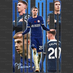 May include: A collage of images featuring a young man wearing a blue soccer jersey with the number 20 on the back. The jersey has the words "Infinite Athlete" on the front. The man is holding a soccer ball in his hands. The image also includes the text "Cole Palmer" and "Palmer 20".