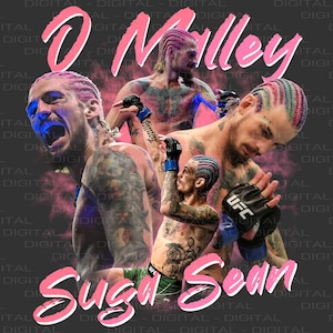 May include: A digital art print featuring a mixed martial arts fighter with pink and blue hair. The fighter is wearing a black and white UFC glove. The text "O'Malley" and "Sugar Sean" are in pink letters.