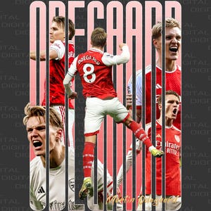 May include: A collage of images featuring a soccer player wearing a red and white jersey with the number 8 on the back. The player is celebrating a goal. The text "ODEGARD" is superimposed over the images.