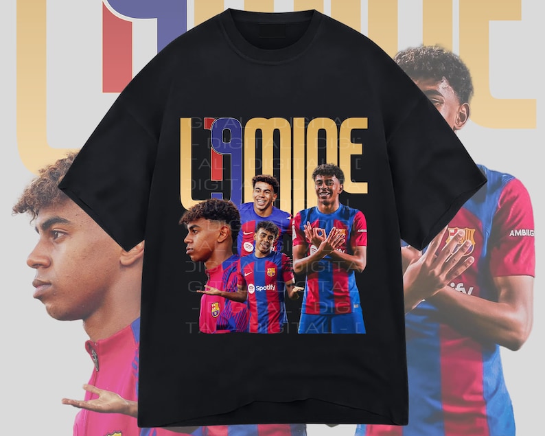 May include: Black t-shirt with a gold graphic of the word "LAMICE" and images of four soccer players wearing Barcelona jerseys. The players are all young men with dark hair and are wearing the team's signature blue and red colors.