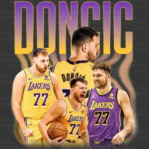 May include: A digital graphic featuring basketball players in Lakers jerseys. The word "DONCIC" is displayed in large, stylized letters. The players are wearing yellow and purple jerseys with the number 77.