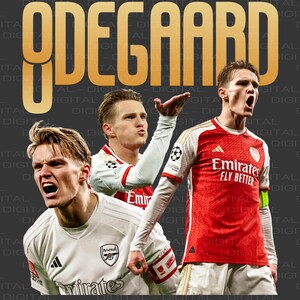 May include: A collage of three photos of a soccer player wearing different soccer jerseys. The player is wearing a white jersey with the word "Emirates" on the front, a red jersey with the words "Emirates Fly Better" on the front, and a red jersey with the words "Emirates Fly Better" on the front. The word "ODEGAARD" is written in gold letters across the top of the image.