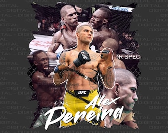 May include: A digital art collage featuring Alex Pereira, a UFC fighter, in various action poses. The image has a dark background with the UFC logo and Pereira's name in a stylized font. The fighter is wearing yellow shorts.