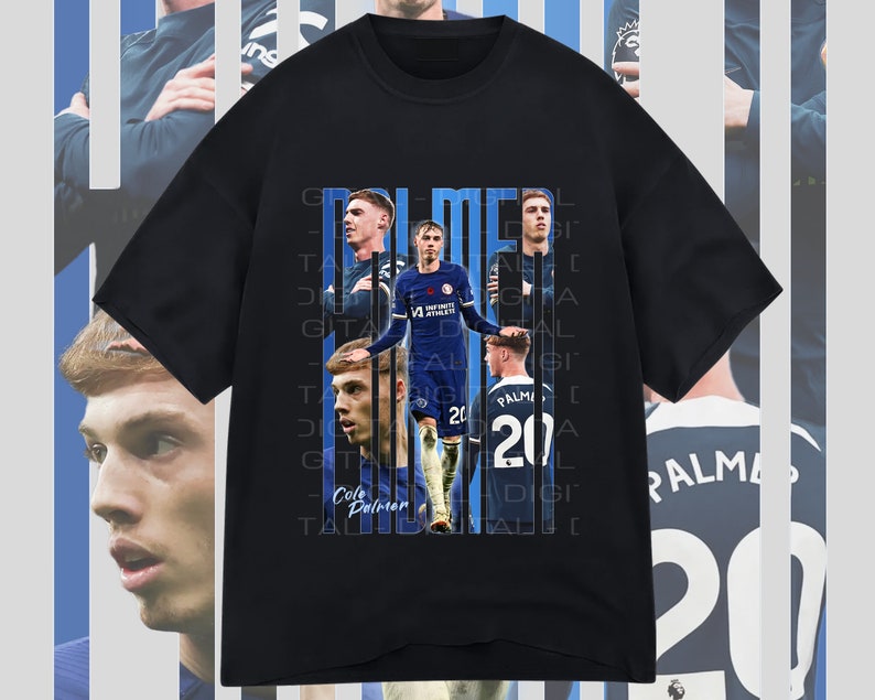 May include: Black t-shirt with a graphic design featuring a collage of images of a soccer player in a blue jersey with the text "Cole Palmer" and "20" on the shirt. The text "PALMER" is repeated vertically on the shirt.