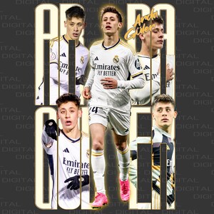 May include: A digital collage featuring a soccer player in a white jersey with the text "Arda Güler". The player is shown in multiple poses, wearing the Real Madrid team uniform. The background is a dark gray with a repeating pattern of "DIGITAL".
