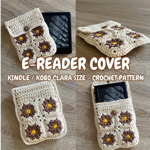 Op de afbeelding: Gehaakte e-reader hoes met een bruin en geel bloemenontwerp. De hoes is gemaakt van beige garen en heeft een knoopsluiting. "E-Reader Cover" en "Kindle / Kobo Clara Size - Crochet Pattern" staan in de afbeelding.