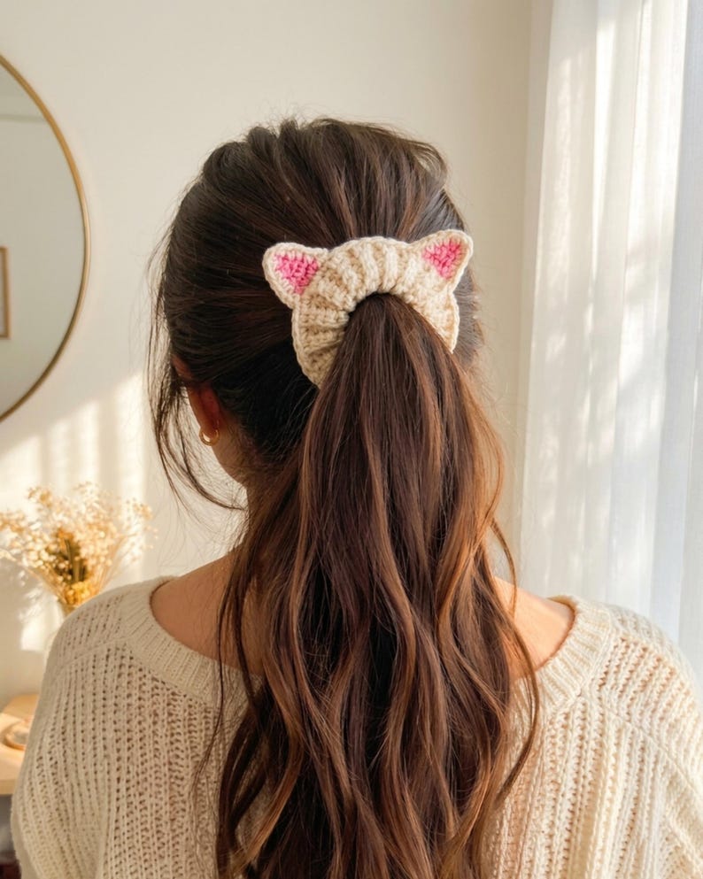 Puede incluir: Una goma para el pelo con forma de orejas de gato, de color beige y rosa, se lleva en una coleta. La goma para el pelo est&aacute; hecha de material de punto. Las orejas de gato son rosas y la goma para el pelo es beige. La persona lleva un jersey color crema.