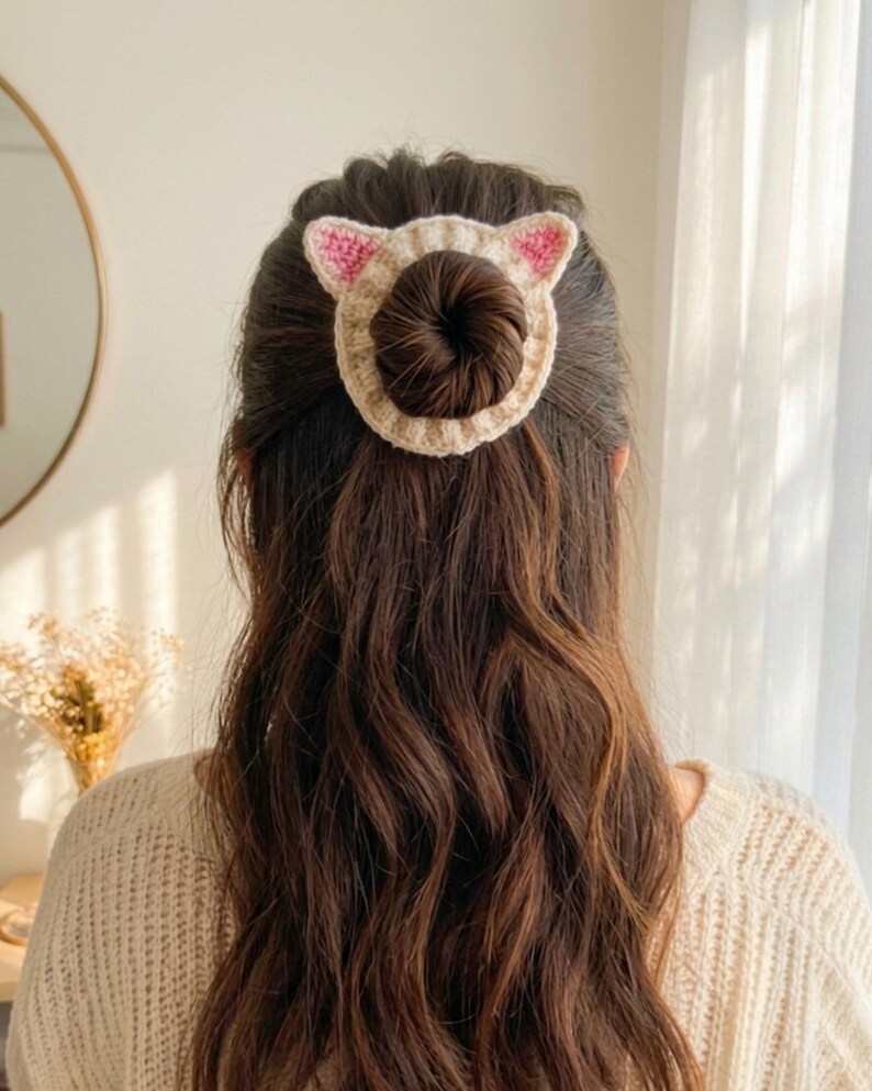 Puede incluir: Un recogedor de pelo de ganchillo beige con forma de cara de gato, con detalles rosas en las orejas. El accesorio para el pelo se lleva en el pelo, con el pelo casta&ntilde;o oscuro del usuario visible. Un bonito accesorio para el pelo.