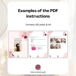 Puede incluir: Ejemplos de instrucciones en PDF para un patr&oacute;n de ganchillo de coletero de gato. Las instrucciones est&aacute;n disponibles en formatos US Letter y A4. La imagen muestra ejemplos del patr&oacute;n, los materiales y las instrucciones paso a paso. El logotipo de "little crochet by lili" est&aacute; en la parte inferior.