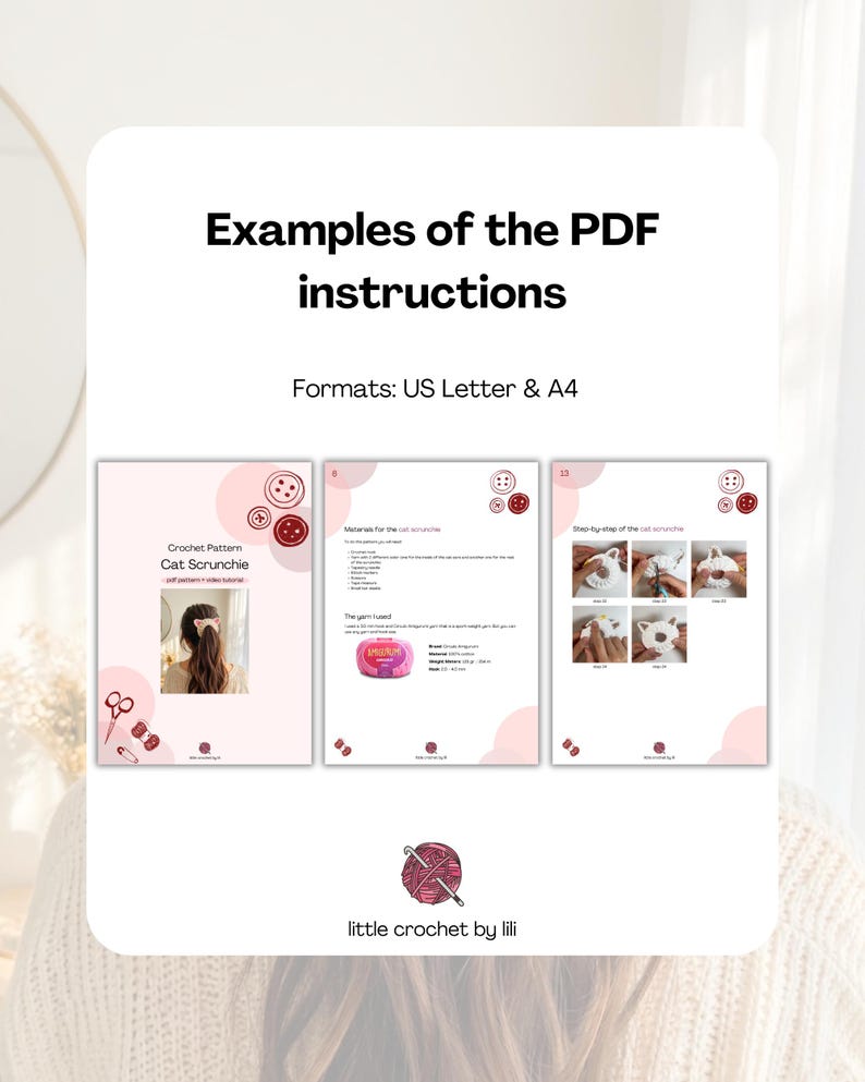 Puede incluir: Ejemplos de instrucciones en PDF para un patr&oacute;n de ganchillo de coletero de gato. Las instrucciones est&aacute;n disponibles en formatos US Letter y A4. La imagen muestra ejemplos del patr&oacute;n, los materiales y las instrucciones paso a paso. El logotipo de "little crochet by lili" est&aacute; en la parte inferior.