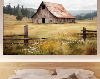 May include: A landscape painting of a weathered barn with a rusty red roof, set in a field of golden grass. A wooden fence and wildflowers are in the foreground, with trees and rolling hills in the background.