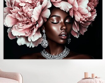 Floral Black Girl Portrait Canvas Wall Art | Elegant African American Art | Cottagecore Decor