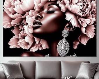 Floral African American Woman Canvas Wall Art | Graceful Black Girl Portrait | Cottagecore Wall Decor