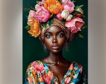 Elegant Black Woman Floral Canvas Wall Art | African American Portrait Print | Chic Feminine Decor