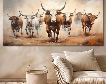Western Longhorn Cow Canvas Wall Art | Rustic Farmhouse Decor