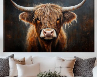 Scottish Highland Cow Canvas Wall Art | Rustic Farmhouse Wall Decor | Large Living Room Print