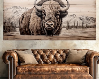 Bison Canvas Wall Art | Farmhouse Rustic Decor | Large American Buffalo Print