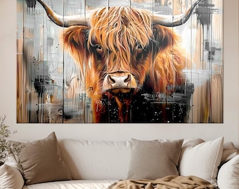 Farmhouse Highland Cow Canvas Wall Art | Rustic Wall Decor | Living Room Print