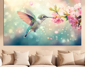 Hummingbird Canvas Wall Art | Tropical Bird Painting Print | Blue and Pink Pastel Wall Decor