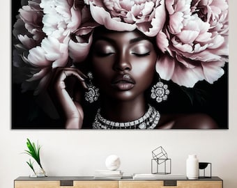 Elegant Black Woman Floral Canvas Wall Art | Romantic African American Portrait