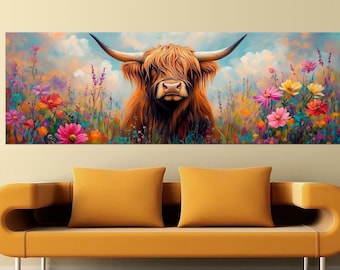 Floral Highland Cow Canvas Wall Art | Rustic Farmhouse Wall Decor | Large Living Room Print