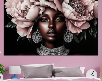 Floral Black Woman Canvas Wall Art | Graceful African American Portrait | Feminine Home Decor