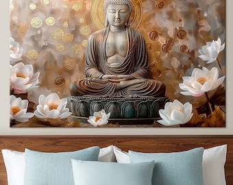 Golden Serenity Buddha Canvas Wall Art | Mindfulness Print | Sacred Yoga Studio Decoration