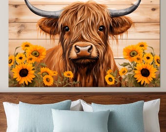 Funny Highland Cow Canvas Wall Art | Rustic Farmhouse Wall Decor | Large Living Room Print
