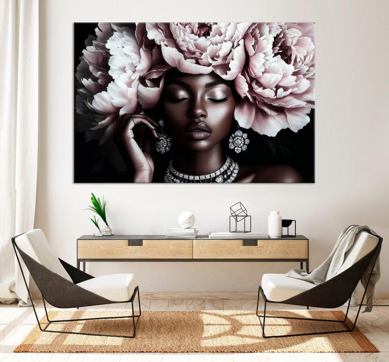 Elegant Black Woman Floral Canvas Wall Art | Romantic African American ...