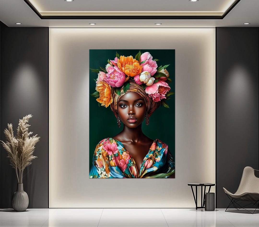 Elegant Black Woman Floral Canvas Wall Art | African American Portrait ...