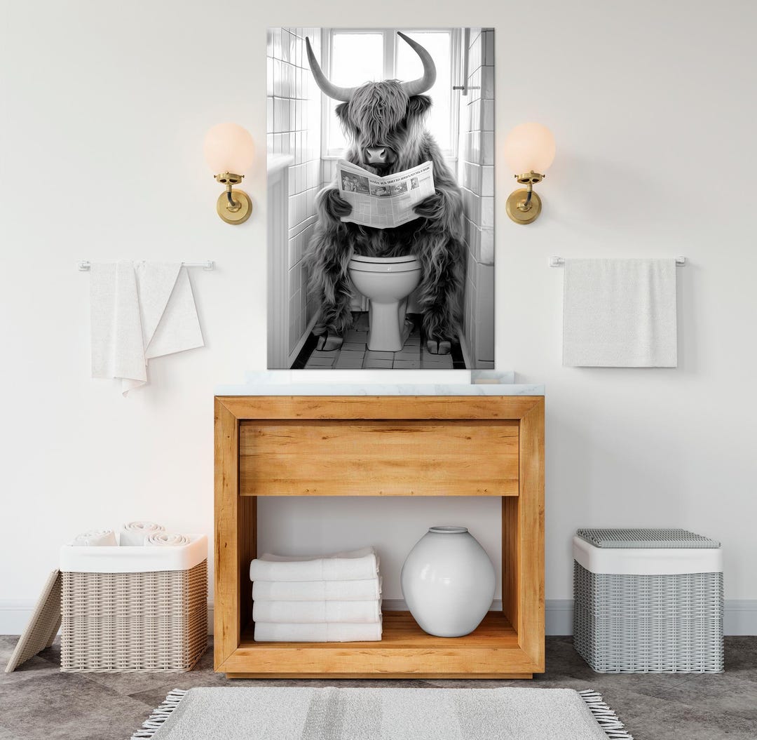 Highland Cow on Toilet Canvas Wall Art | Rustic Farmhouse Wall Decor ...