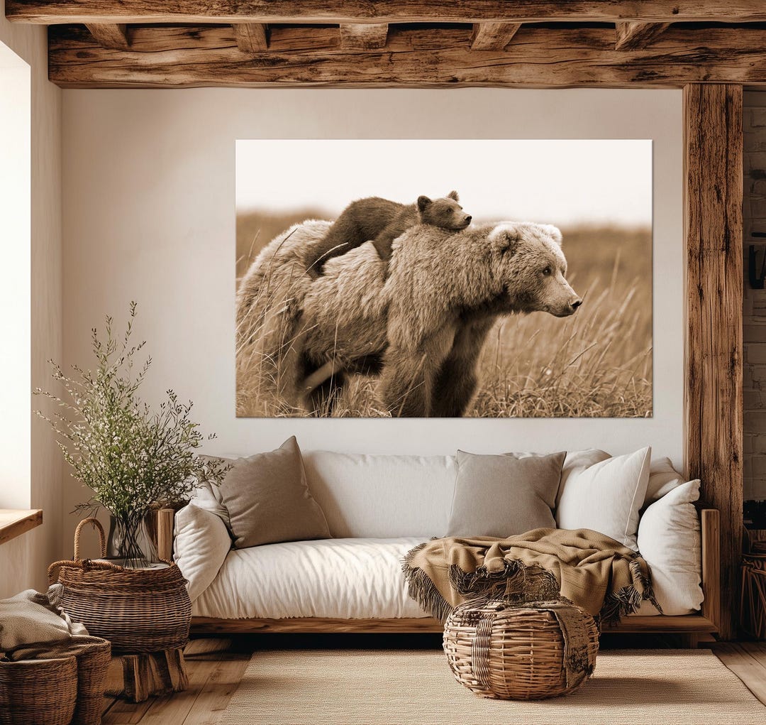 Mother Bear and Cub Canvas Wall Art | Cozy Woodland Nursery Decor - Etsy