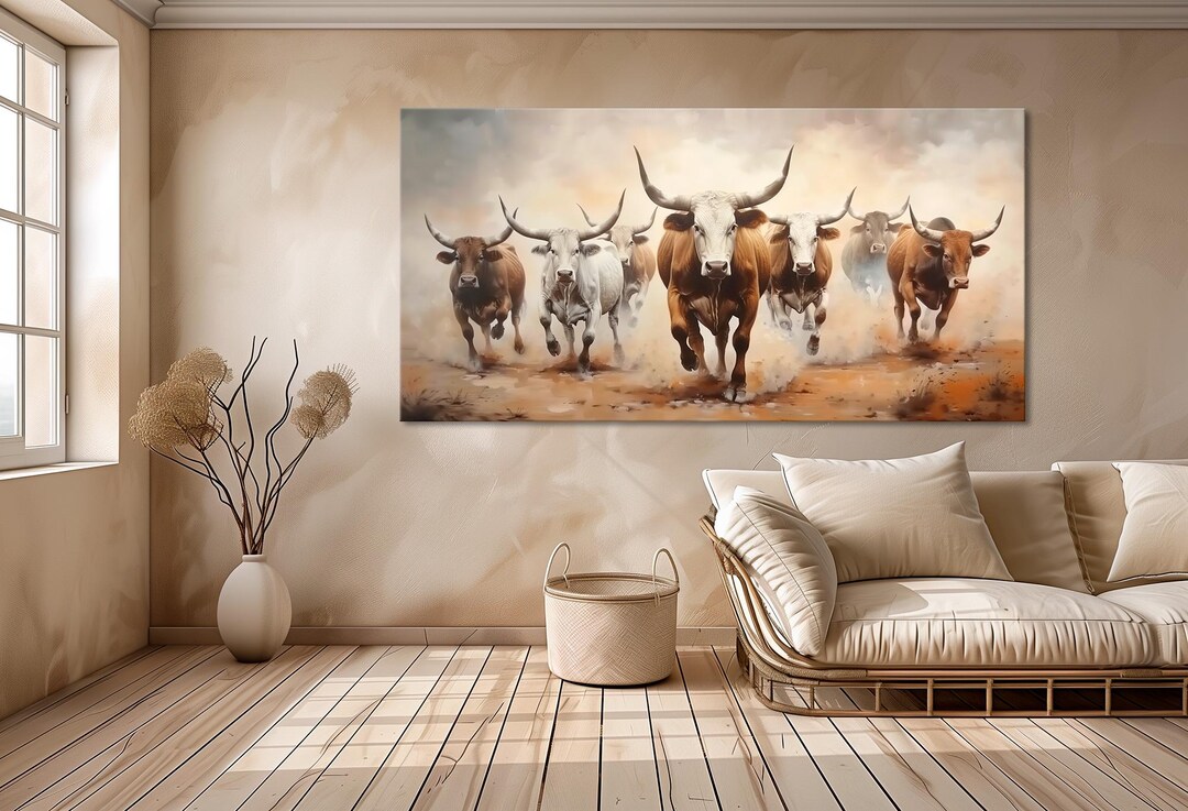 Western Longhorn Cow Canvas Wall Art | Rustic Farmhouse Decor - Etsy