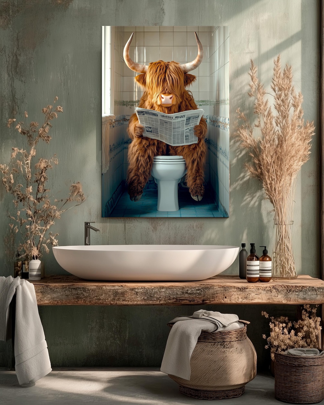 Highland Cow Bathroom Canvas Wall Art | Rustic Farmhouse Wall Decor ...