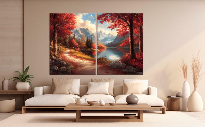 Autumn Mountain Landscape Canvas Wall Art | Fall Forest Print | Cozy ...